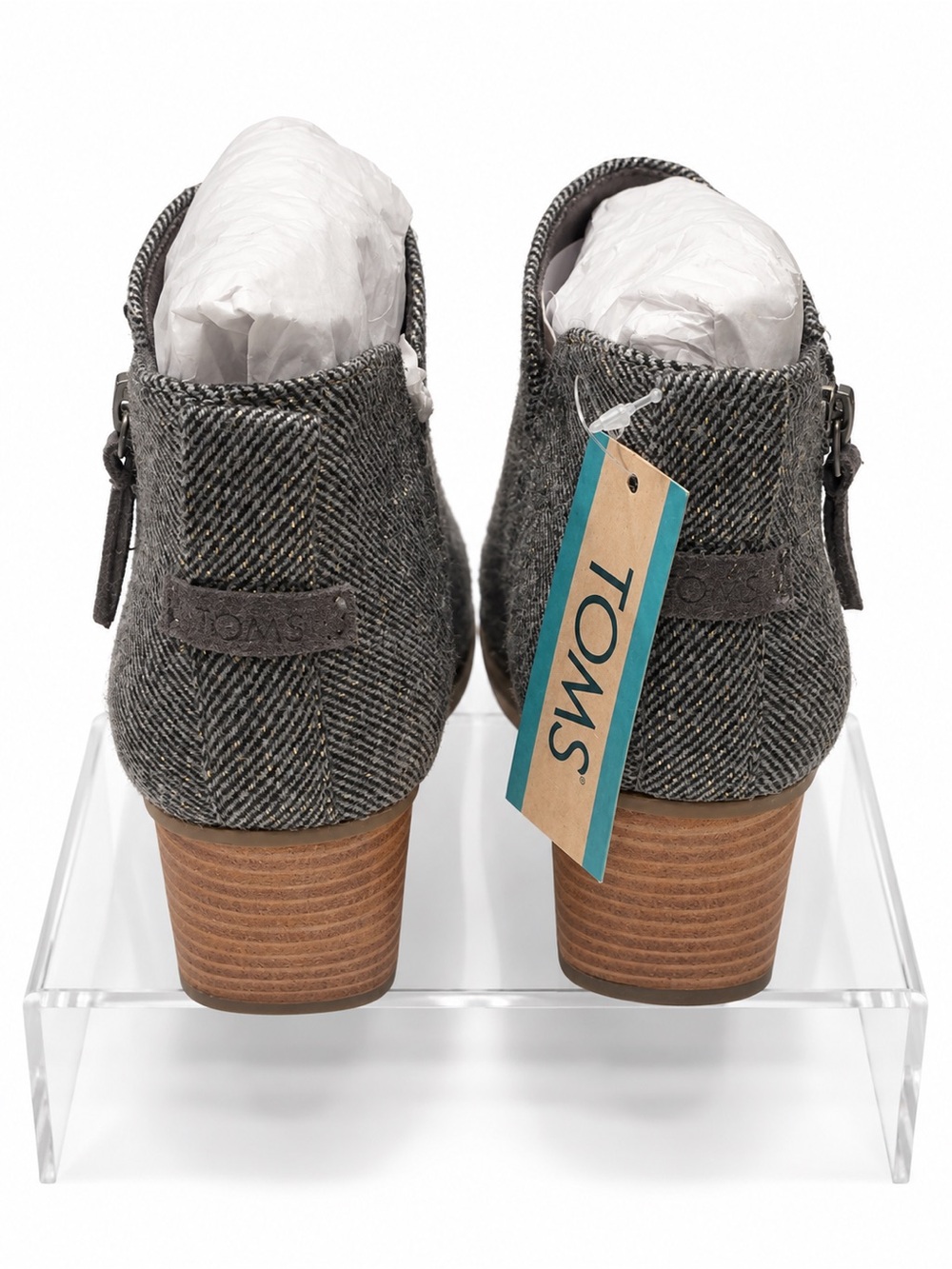 TOMS Gray Herringbone Ankle Booties with Stacked Heel